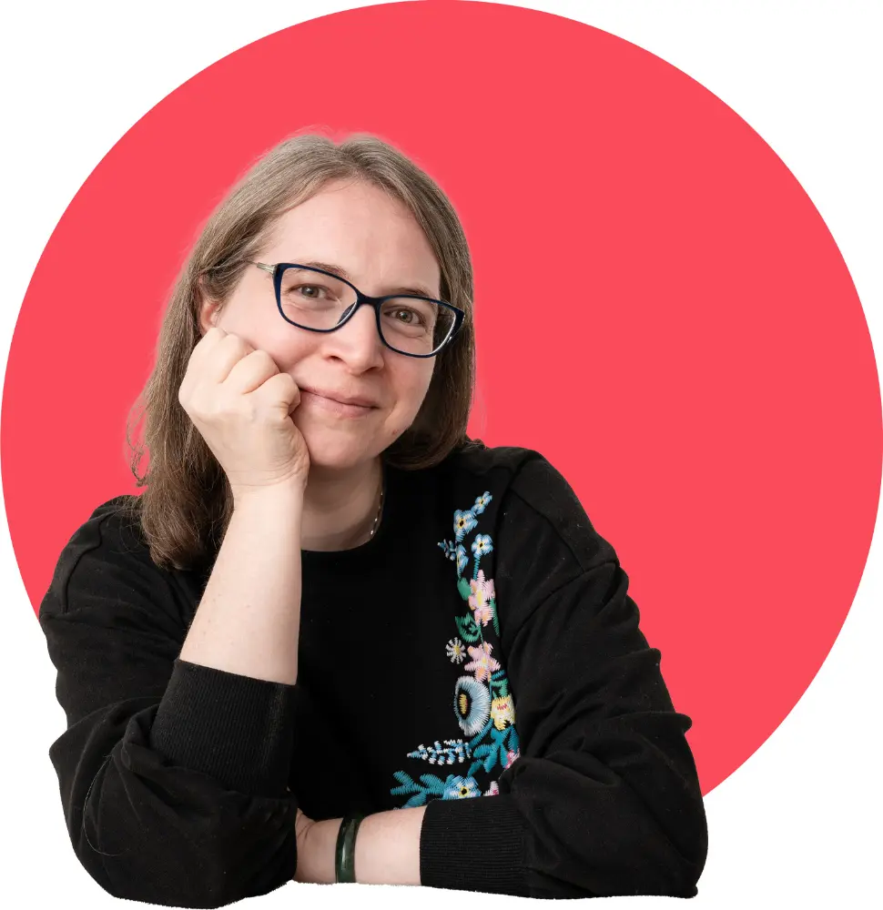 Portrait of Elisa Servais with branded background