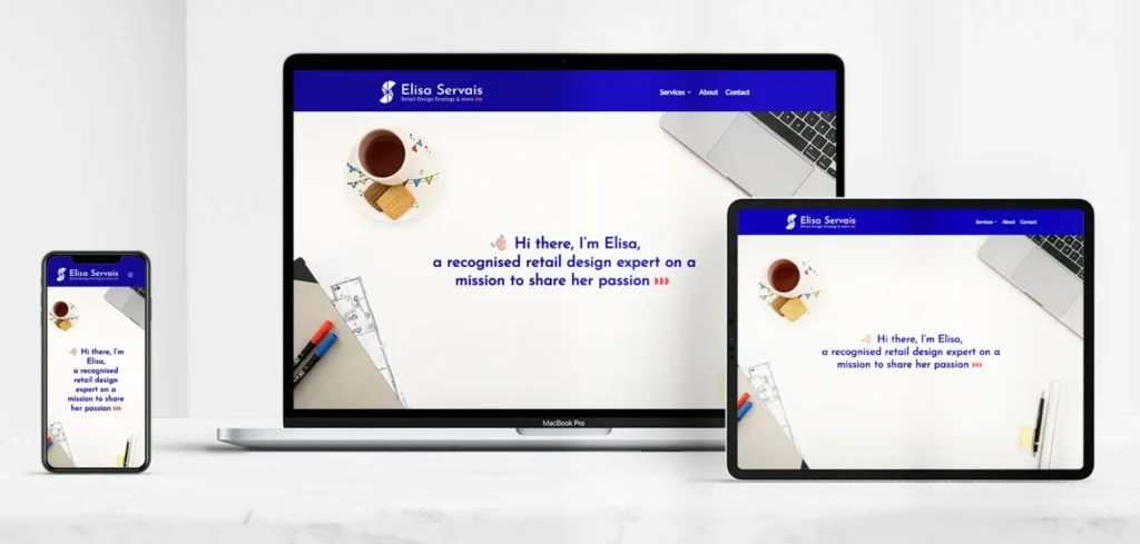Maquettes du site web d'Elisa sur laptop, tablette et mobile